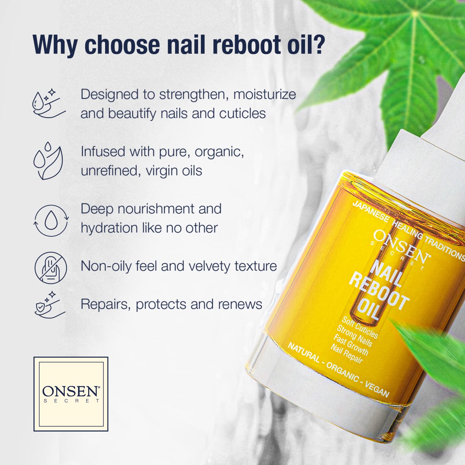Onsen Secret Nail Reboot Duo - Treatment for Damaged Nails - Natural Nail Care & Cuticle Repair - Visible Results For Perfect Nails, Cuticle Conditioner Cream 30ml & Nail Reboot Oil 35ml