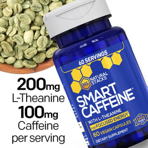 NATURAL STACKS Smart Caffeine Pills - 100mg Caffeine + 200mg L-Theanine Supplement - Supports Energy and Focus - No Jitters and No Crash - 60 Capsules