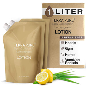 Terra Pure Spa Collection 1 Liter Body Wash Refill Bag For Soap Dispensers | Bulk Toiletries for Vacation Rentals, and Home Bathroom Showers | Green Tea Lemongrass | Set of 3