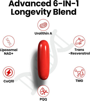 Urolithin A Supplement, 2000mg 6 in 1 Vital Longevity Blend - 120 Softgels | with Liposomal NAD+, CoQ10, Trans-Resveratrol, TMG, PQQ丨for Cellular Renewal* & Healthy Aging*, Mitochondrial Support*