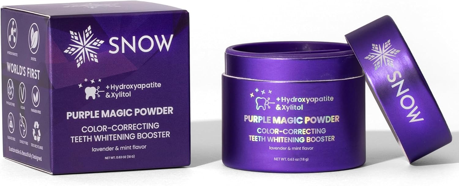 SNOW Purple Magic Powder - Purple Teeth Whitening Powder, Color Correcting with Hydroxyapatite, Stain Removal, Color Corrector, and Toothpaste Booster - 18g