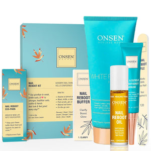 Onsen Secret Complete Nail Reboot Kit w/Cuticle Oil 10ml, Nail File 120/180 Grit Double Sided, A 3-Way Buffer Block & Cuticle Serum-15ml in Action | Super Value Pack