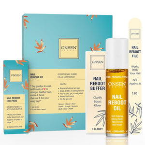 Onsen Secret Complete Nail Reboot Kit w/Cuticle Oil 10ml, Nail File 120/180 Grit Double Sided, A 3-Way Buffer Block & Cuticle Serum-15ml in Action | Super Value Pack