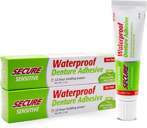 Secure Sensitive Denture Adhesive Cream, Zinc Free Glue, 1.4 oz, 4 Pack | Aloe Vera & Myrrh to Nourish Your Gums - Uppers, Lowers & Partials - Waterproof & Zinc Free - Less Adhesive, More Hold