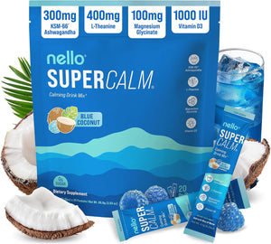 Nello Supercalm Powdered Drink Mix, Cortisol Reducer and Sleep Aid Supplement, L Theanine, Ksm-66 Ashwagandha, Magnesium Glycinate, Vitamin D 3, No Sugar, Non GMO, On The Go, 20 Ct, Honeydew Melon