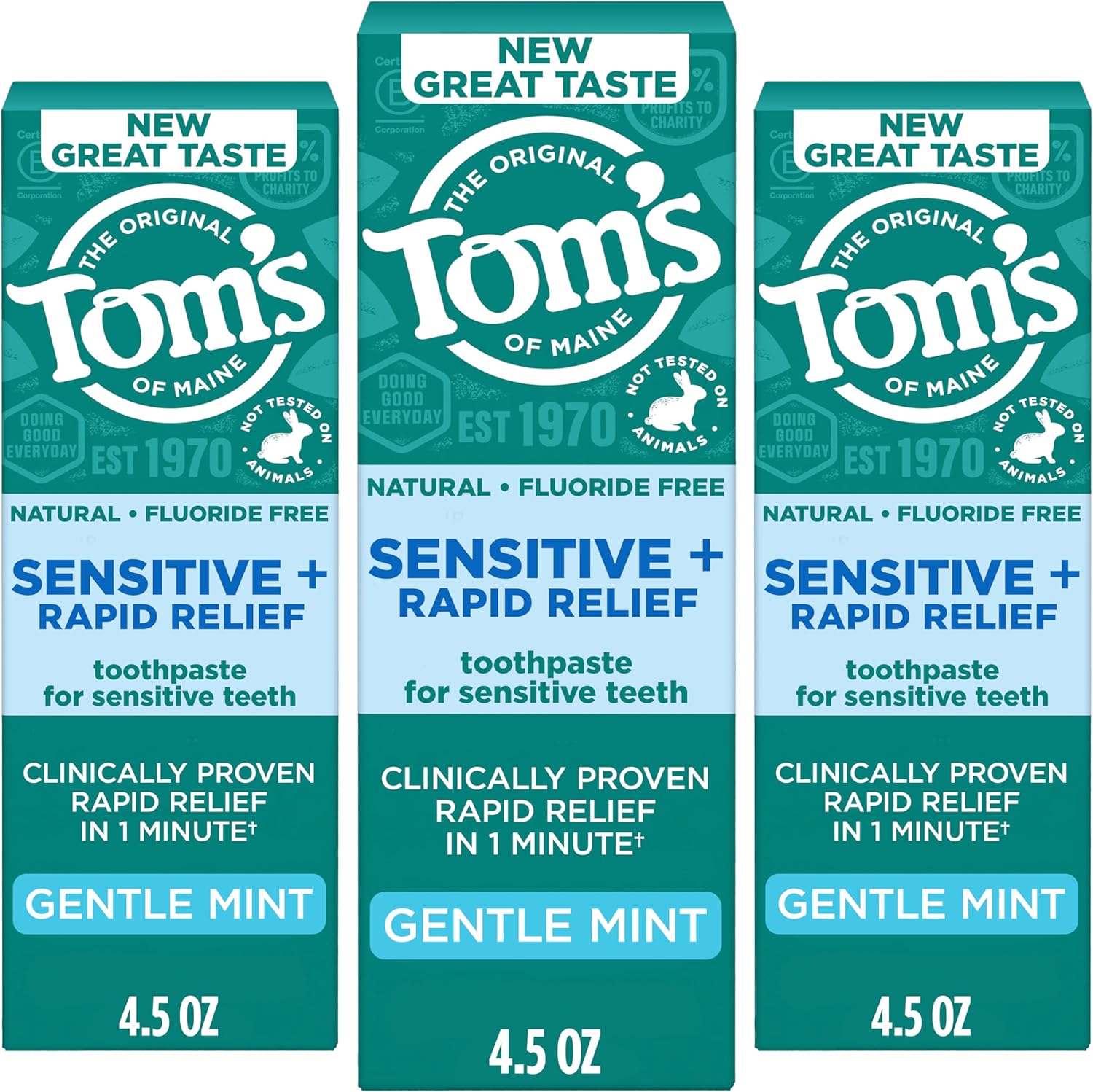 Tom's of Maine Rapid Relief Plus Sensitive Teeth Toothpaste, Fluoride Free, Gentle Mint, 4.5 Oz, 3 Pack, Clinically Proven Enamel Safe, Builds Arginine and Calcium Shield Around Teeth