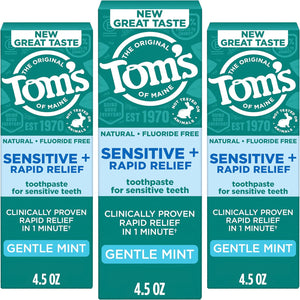 Tom's of Maine Rapid Relief Plus Sensitive Teeth Toothpaste, Fluoride Free, Gentle Mint, 4.5 Oz, 3 Pack, Clinically Proven Enamel Safe, Builds Arginine and Calcium Shield Around Teeth