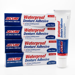 Secure Sensitive Denture Adhesive Cream, Zinc Free Glue, 1.4 oz, 4 Pack | Aloe Vera & Myrrh to Nourish Your Gums - Uppers, Lowers & Partials - Waterproof & Zinc Free - Less Adhesive, More Hold