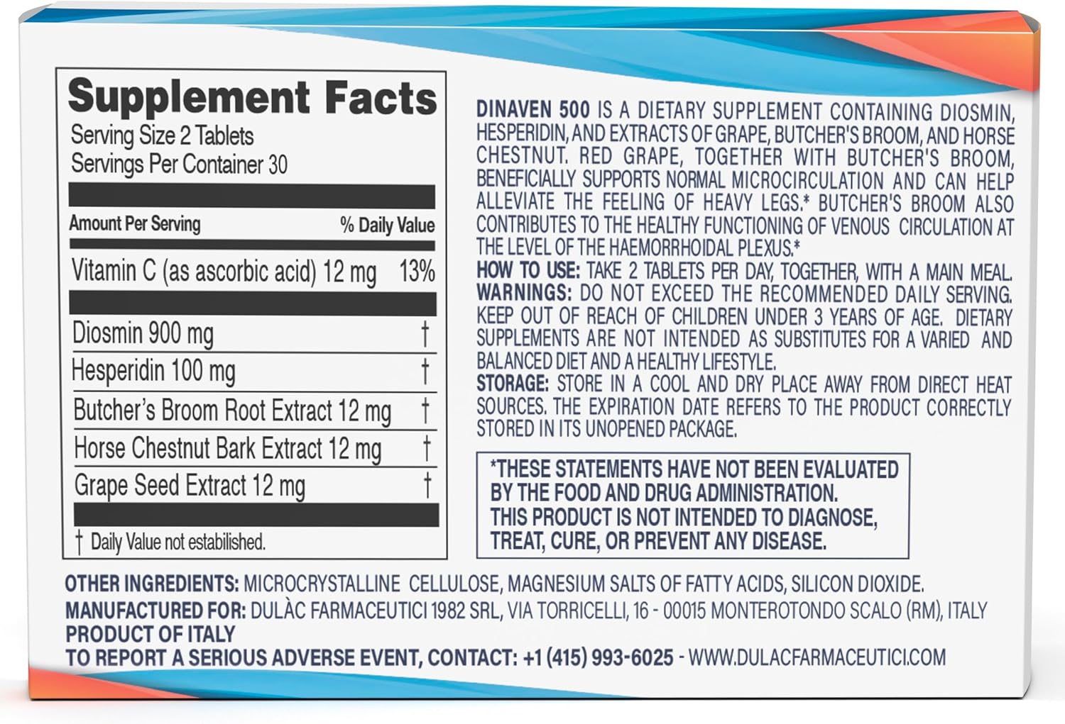 Dulac Dinaven 500, Micronized Diosmin Hesperidin Dietary Supplement 1000mg per serving, Horse Chestnut Extract, Butcher’s Broom & Red Grape Extract, Leg Circulation Support, 60 Tablets, Made in Italy