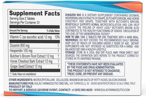 Dulac Dinaven 500, Micronized Diosmin Hesperidin Dietary Supplement 1000mg per serving, Horse Chestnut Extract, Butcher’s Broom & Red Grape Extract, Leg Circulation Support, 60 Tablets, Made in Italy