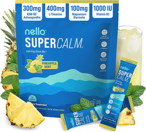Nello Supercalm Powdered Drink Mix, Cortisol Reducer and Sleep Aid Supplement, L Theanine, Ksm-66 Ashwagandha, Magnesium Glycinate, Vitamin D 3, No Sugar, Non GMO, On The Go, 20 Ct, Honeydew Melon