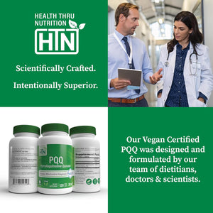 Health Thru Nutrition PQQ 20mg 120 Servings Pyrroloquinoline Quinone as PureQQ | Promotes Mitochondrial Biogenesis | Certified Vegan | Non-GMO Gluten Soy Free Capsules| Clean Label PQQ Supplement