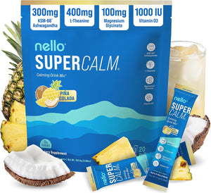 Nello Supercalm Powdered Drink Mix, Cortisol Reducer and Sleep Aid Supplement, L Theanine, Ksm-66 Ashwagandha, Magnesium Glycinate, Vitamin D 3, No Sugar, Non GMO, On The Go, 20 Ct, Honeydew Melon