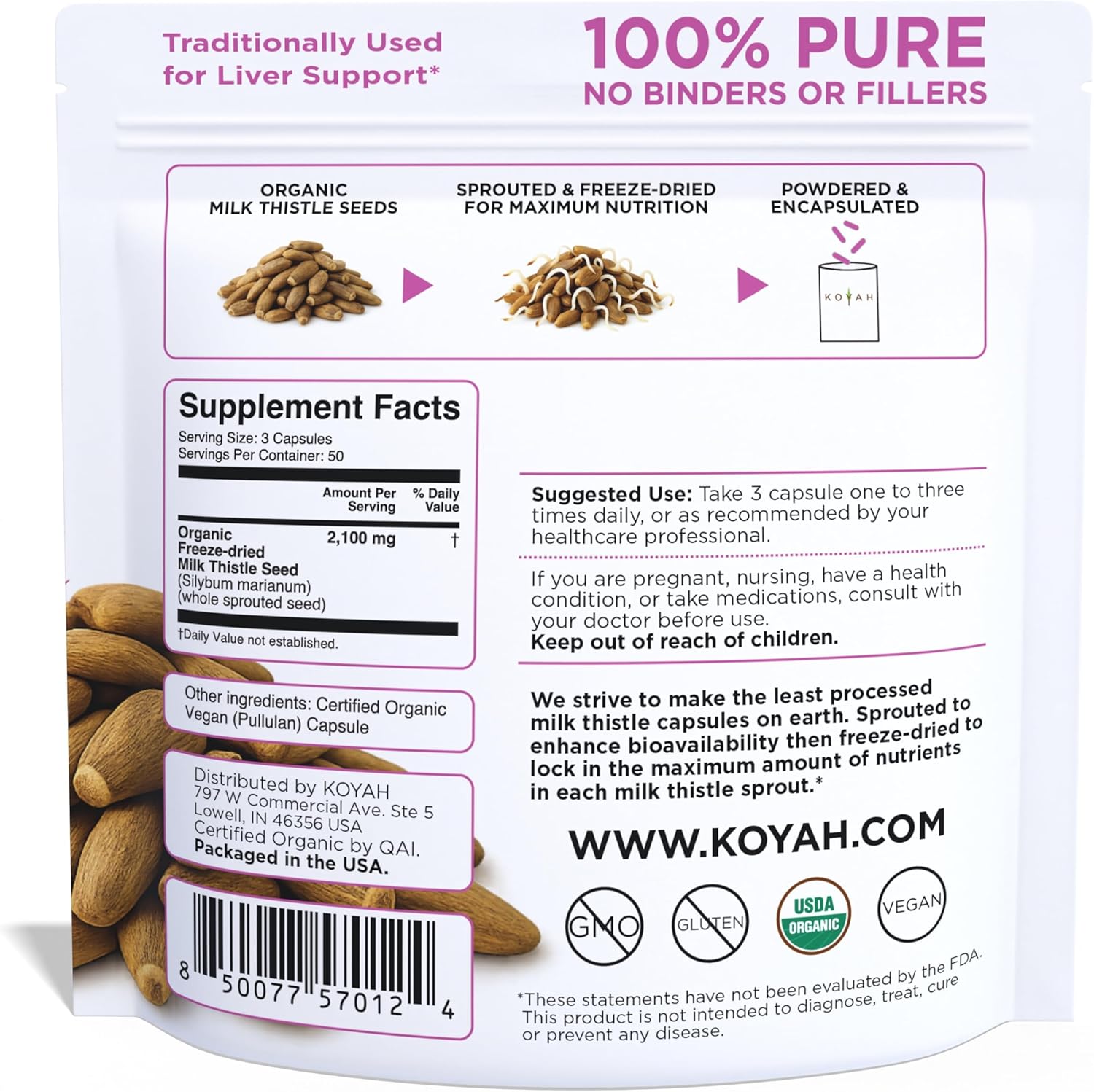 KOYAH - Organic Milk Thistle Capsules – Sprouted & Freeze-Dried – 700 mg per Capsule - Liver Support* - 150 Capsules (50 Servings)