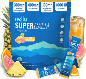 Nello Supercalm Powdered Drink Mix, Cortisol Reducer and Sleep Aid Supplement, L Theanine, Ksm-66 Ashwagandha, Magnesium Glycinate, Vitamin D 3, No Sugar, Non GMO, On The Go, 20 Ct, Honeydew Melon