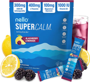 Nello Supercalm Powdered Drink Mix, Cortisol Reducer and Sleep Aid Supplement, L Theanine, Ksm-66 Ashwagandha, Magnesium Glycinate, Vitamin D 3, No Sugar, Non GMO, On The Go, 20 Ct, Honeydew Melon