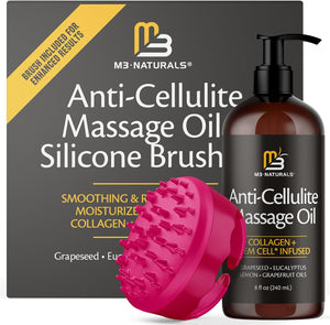 Anti Cellulite Massage Oil and Firm Dry Brush Kit | Collagen & Stem Cell Skin Tightening Kit | Radiant Body Care Kit for Women by M3