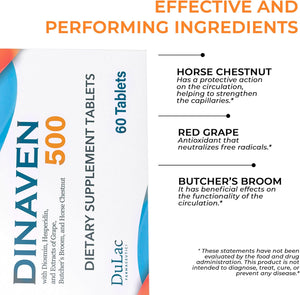 Dulac Dinaven 500, Micronized Diosmin Hesperidin Dietary Supplement 1000mg per serving, Horse Chestnut Extract, Butcher’s Broom & Red Grape Extract, Leg Circulation Support, 60 Tablets, Made in Italy