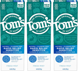 Tom's of Maine Rapid Relief Plus Sensitive Teeth Toothpaste, Fluoride Free, Gentle Mint, 4.5 Oz, 3 Pack, Clinically Proven Enamel Safe, Builds Arginine and Calcium Shield Around Teeth