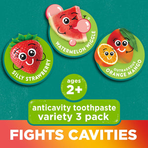 Tom's of Maine Anticavity Kids Natural Toothpaste Variety Pack, Strawberry, Orange Mango, Watermelon Flavors, Kids Toothpaste with Fluoride, Safe for Ages 2 and Up, 5.1 oz (Pack of 3)
