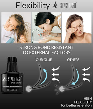 STACY LASH Extra Strong Eyelash Extension Glue (0.34fl.oz / 10ml) / 0.5-1 Sec Dry/Retention – 8 Weeks/Black Adhesive/Lash Tech Supplies + Glue Ring