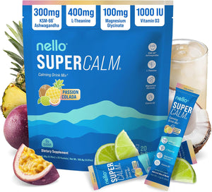 Nello Supercalm Powdered Drink Mix, Cortisol Reducer and Sleep Aid Supplement, L Theanine, Ksm-66 Ashwagandha, Magnesium Glycinate, Vitamin D 3, No Sugar, Non GMO, On The Go, 20 Ct, Honeydew Melon
