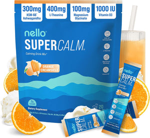 Nello Supercalm Powdered Drink Mix, Cortisol Reducer and Sleep Aid Supplement, L Theanine, Ksm-66 Ashwagandha, Magnesium Glycinate, Vitamin D 3, No Sugar, Non GMO, On The Go, 20 Ct, Honeydew Melon