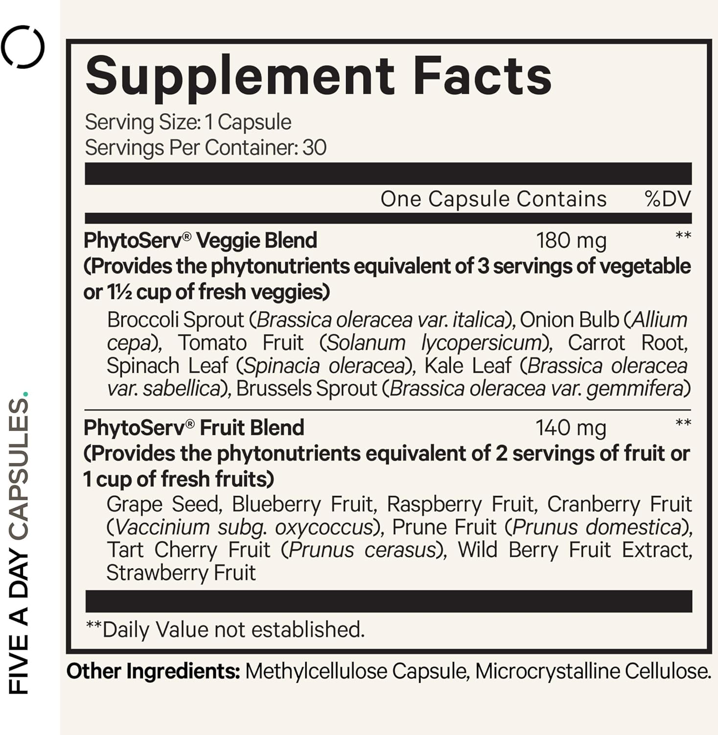 Codeage Instantfood Five A Day, Fruits and Veggies Nutrients, 30 Capsules | Whole-food phytonutrient equivalent of 5 servings of fruits and veggies from 15 sources, one capsule. . Vegan, non-GMO.