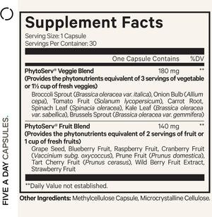 Codeage Instantfood Five A Day, Fruits and Veggies Nutrients, 30 Capsules | Whole-food phytonutrient equivalent of 5 servings of fruits and veggies from 15 sources, one capsule. . Vegan, non-GMO.