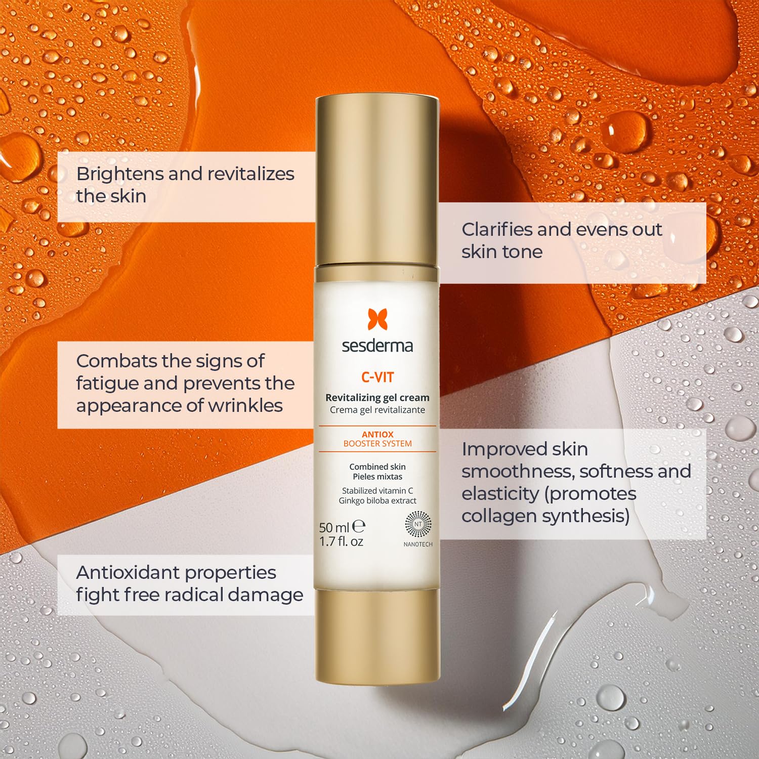 Sesderma C-VIT Revitalizing Gel Cream, Powerful Antioxidant Gel Cream Infused with Vitamin C & Hyaluronic Acid for Youthful, Vibrant Skin, 1.7 fl oz