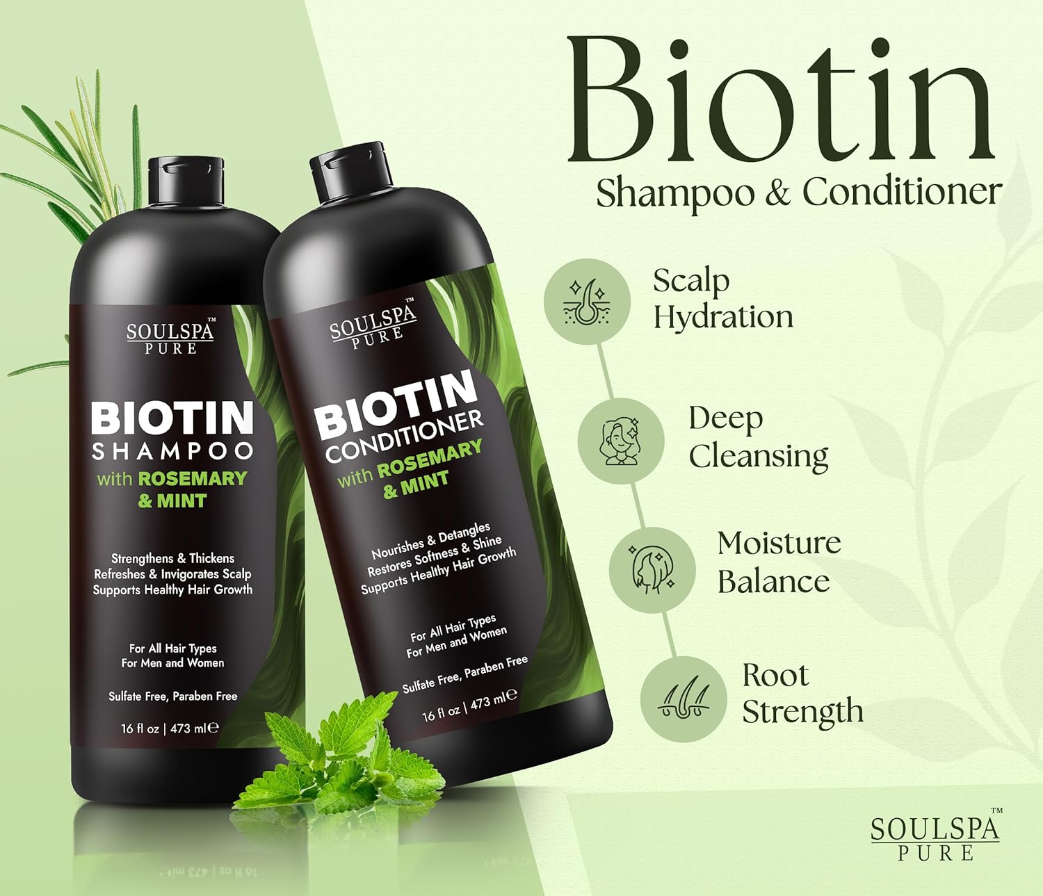 Biotin Shampoo and Conditioner Set for Men & Women | 16 fl oz Each | with Rosemary & Mint | Sulfate Free Hydrating & Strengthening Hair Care for Thinning, Color-Treated & Dry Hair