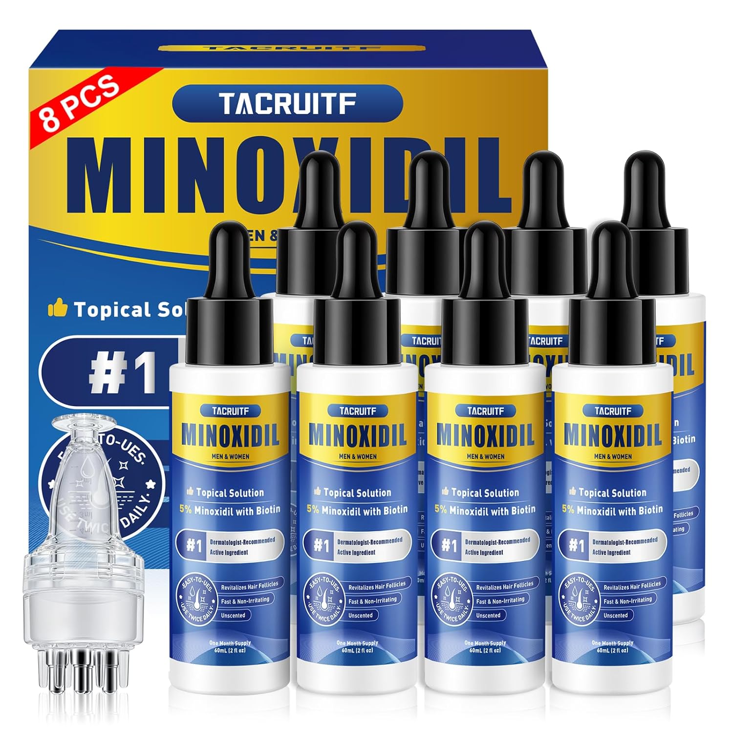 8 Pack 5% Minoxidil Hair Growth Treatment for Men and Women, Extra Strength Minoxidil Liquid Solution for Thicker, Fuller Hair, Beard Growth Serum, Biotin & Castor Oil Enriched,8 Month Supply