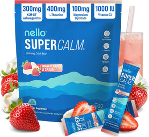 Nello Supercalm Powdered Drink Mix, Cortisol Reducer and Sleep Aid Supplement, L Theanine, Ksm-66 Ashwagandha, Magnesium Glycinate, Vitamin D 3, No Sugar, Non GMO, On The Go, 20 Ct, Honeydew Melon