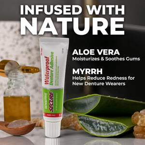 Secure Sensitive Denture Adhesive Cream, Zinc Free Glue, 1.4 oz, 4 Pack | Aloe Vera & Myrrh to Nourish Your Gums - Uppers, Lowers & Partials - Waterproof & Zinc Free - Less Adhesive, More Hold