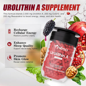 Urolithin A Supplement with CoQ10 200mg & Resveratrol 200mg, Mitochondrial Support & Cellular Energy, Pomegranate-Derived Urolithin A Capsules, Vegan, Non-GMO, 90 Capsules