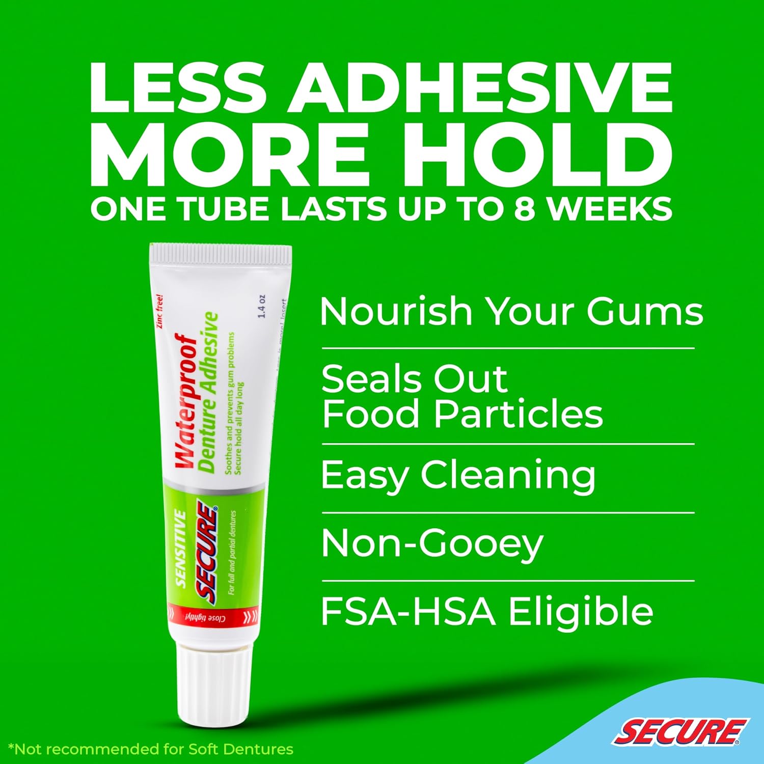 Secure Sensitive Denture Adhesive Cream, Zinc Free Glue, 1.4 oz, 4 Pack | Aloe Vera & Myrrh to Nourish Your Gums - Uppers, Lowers & Partials - Waterproof & Zinc Free - Less Adhesive, More Hold