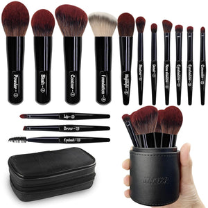 Jilier Travel Makeup Brush Set, 14 pcs Mini Makeup Brushes for Foundation, Powder, Eyeshadow, Highlight, Contour, Blush & Concealer, Small Makeup Brush Set Purse Size with Case