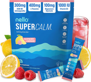 Nello Supercalm Powdered Drink Mix, Cortisol Reducer and Sleep Aid Supplement, L Theanine, Ksm-66 Ashwagandha, Magnesium Glycinate, Vitamin D 3, No Sugar, Non GMO, On The Go, 20 Ct, Honeydew Melon