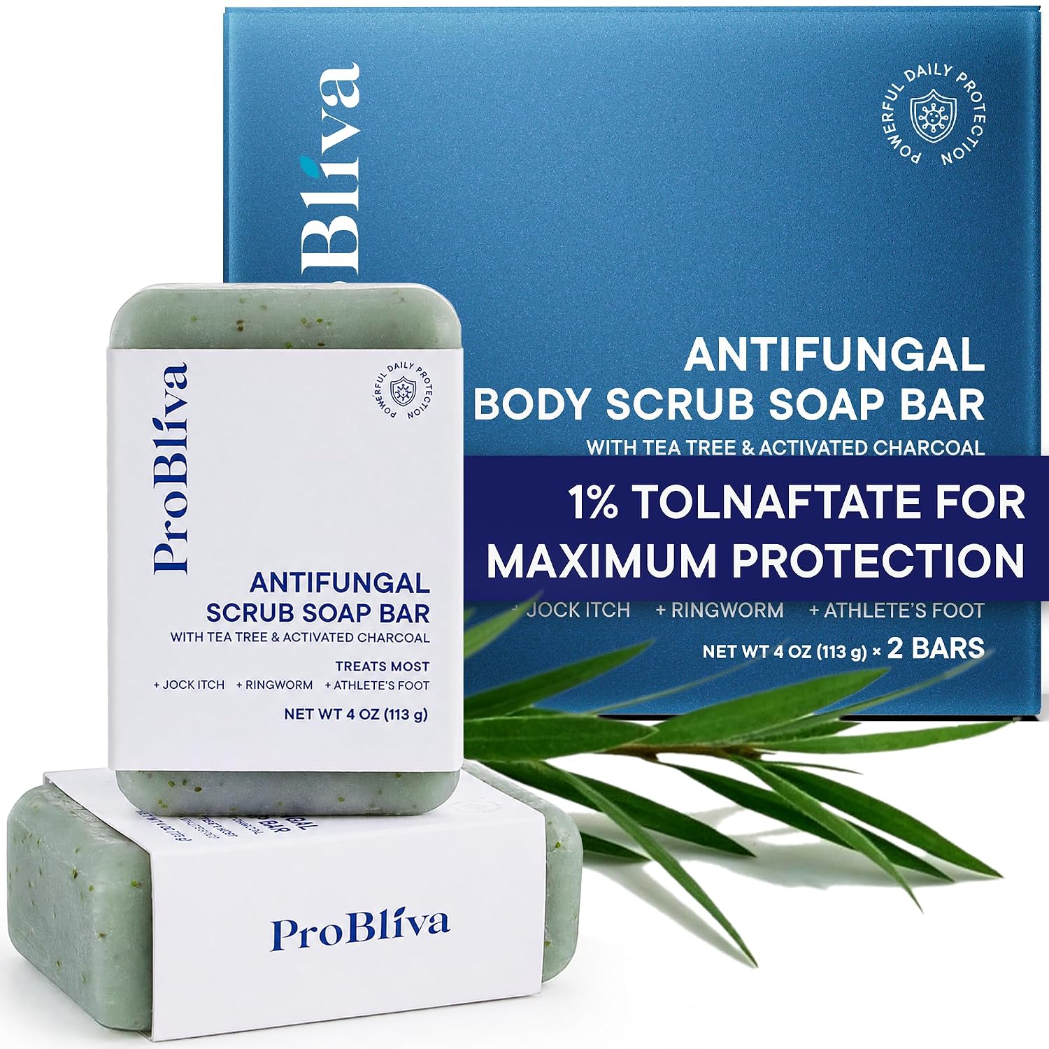 Antifungal Soap Bar with Tea Tree Oil & Charcoal, Exfoliating Scrub Soap for Body & Foot, Helps with Ringworm, Jock Itch & Athlete’s Foot, Antibacterial Body Wash Alternative for Men & Women, 2 Bars