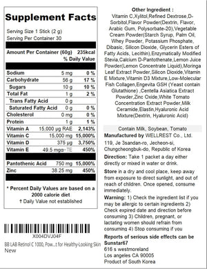 BB LAB Retinol C 1000, Powder Blend with Vitamin C, Retinol, Vitamin E, B5 & Zinc for Radiant Skin, Korea Inner Beauty Supplement for Healthy-Looking Skin