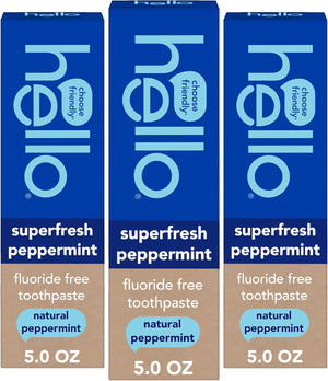 Hello Superfresh Natural Peppermint Fluoride Free Toothpaste for Bad Breath, 5 Oz, Minty Bad Breath Toothpaste, SLS Free, Vegan, Helps Whiten Teeth by Removing Surface Stains (Pack of 3)
