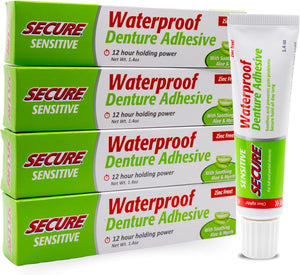 Secure Sensitive Denture Adhesive Cream, Zinc Free Glue, 1.4 oz, 4 Pack | Aloe Vera & Myrrh to Nourish Your Gums - Uppers, Lowers & Partials - Waterproof & Zinc Free - Less Adhesive, More Hold