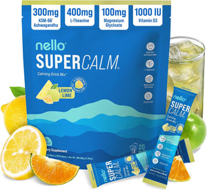 Nello Supercalm Powdered Drink Mix, Cortisol Reducer and Sleep Aid Supplement, L Theanine, Ksm-66 Ashwagandha, Magnesium Glycinate, Vitamin D 3, No Sugar, Non GMO, On The Go, 20 Ct, Honeydew Melon