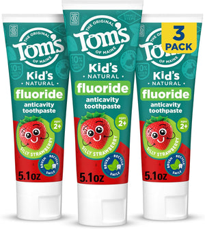 Tom's of Maine Anticavity Kids Natural Toothpaste Variety Pack, Strawberry, Orange Mango, Watermelon Flavors, Kids Toothpaste with Fluoride, Safe for Ages 2 and Up, 5.1 oz (Pack of 3)