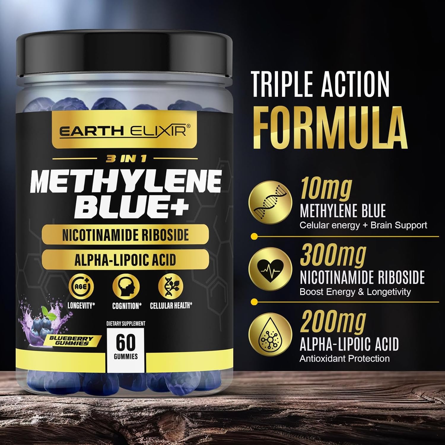 3-in-1 Methylene Blue Gummies – Methylene Blue Pharmaceutical Grade w/Alpha Lipoic Acid (ALA) & NAD Supplement for Energy, Cognitive & Cellular Support – 2 Month Supply & 3rd Party Tested
