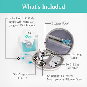 GLO Science So Brilliant Tooth Whitener Set – Fast, Sensitivity Free Teeth Whitening Technology – Includes Warming Mouthpiece with LED Light, 6% Hydrogen Peroxide Gel Pods, Lip Balm, & Travel Case