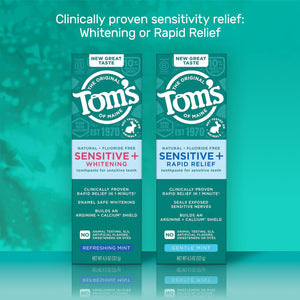 Tom's of Maine Rapid Relief Plus Sensitive Teeth Toothpaste, Fluoride Free, Gentle Mint, 4.5 Oz, 3 Pack, Clinically Proven Enamel Safe, Builds Arginine and Calcium Shield Around Teeth