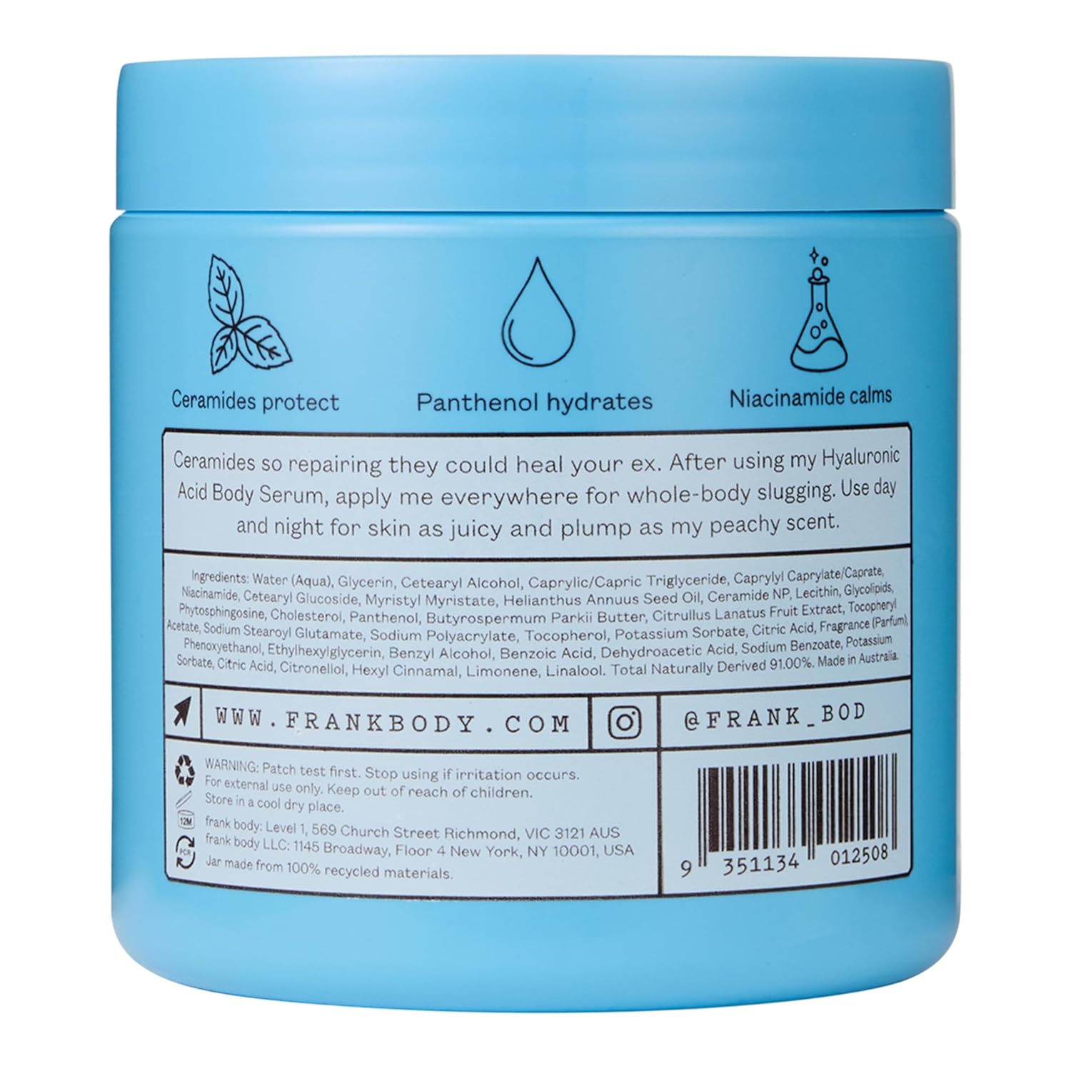 frank body Barrier Body Cream | Deep Hydration for Dry, Itchy, Reactive Skin with Ceramides, Panthenol & Niacinamide | Vegan, Cruelty Free | Peach Scent | 7.77 oz / 230 ml