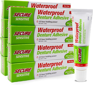 Secure Sensitive Denture Adhesive Cream, Zinc Free Glue, 1.4 oz, 4 Pack | Aloe Vera & Myrrh to Nourish Your Gums - Uppers, Lowers & Partials - Waterproof & Zinc Free - Less Adhesive, More Hold
