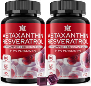 Astaxanthin Supplements 24mg Gummies with Resveratrol, Vitamin B1, Coconut Oil - Algae Organic Antioxidants for Men & Women Healthy Aging, Skin, Eyes, Immune - Vegan, Sugar-Free, Non-GMO, 120 Servings